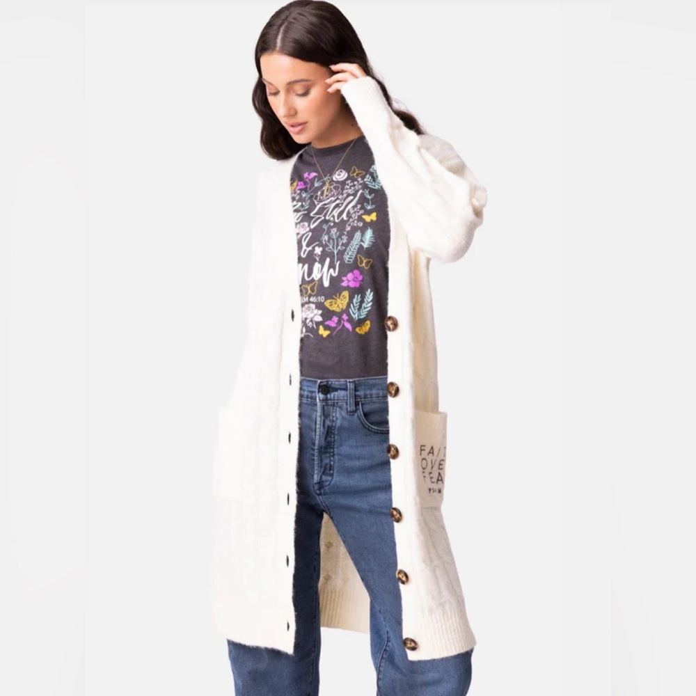 Faith Over Fear Graphic Cable Knit Cardigan Size M